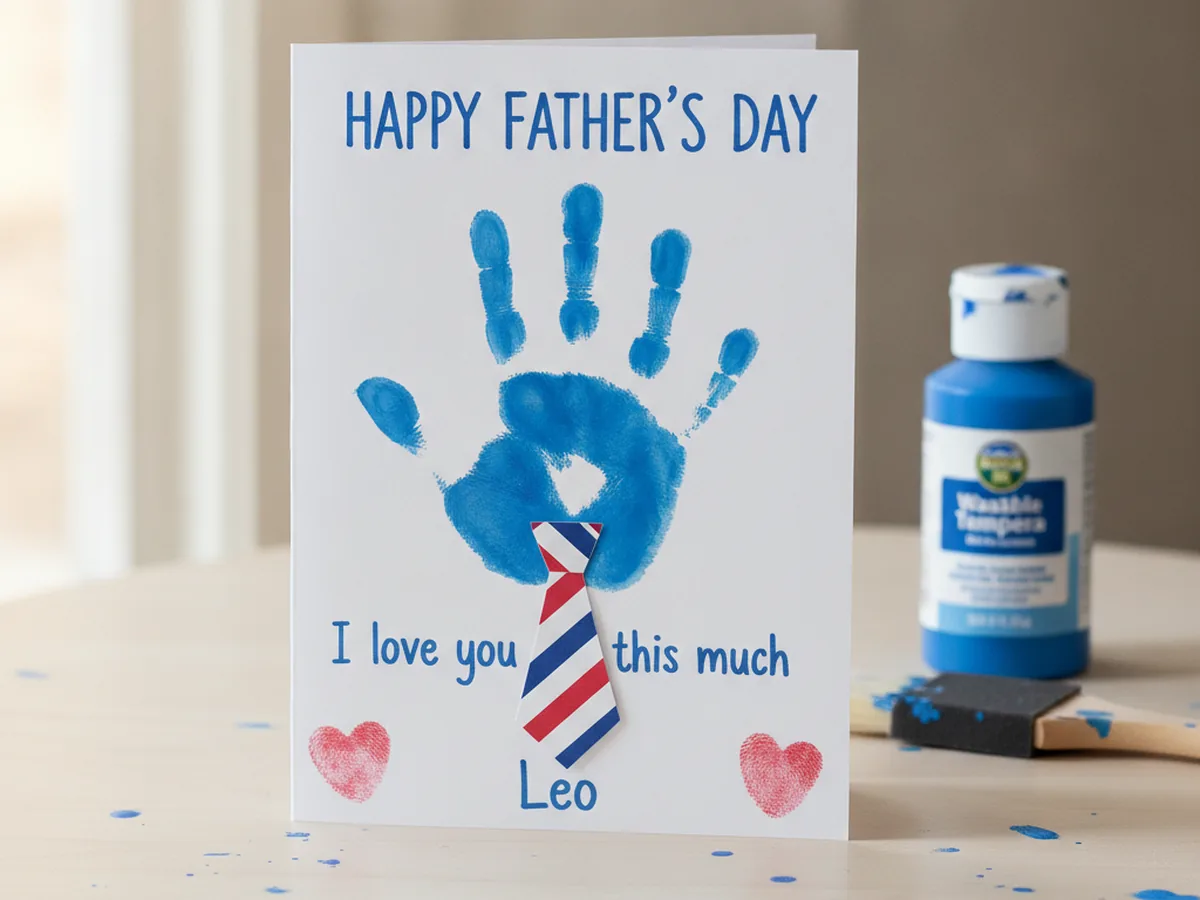 Finished Father's Day handprint craft keepsake card with a blue handprint, a paper tie, Happy Father's Day message, and fingerprint hearts on a light wood table
