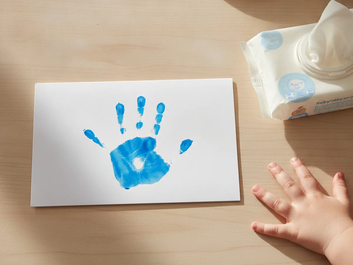 A blue handprint drying on a white folded card next to baby wipes and a clean child's hand on a craft table