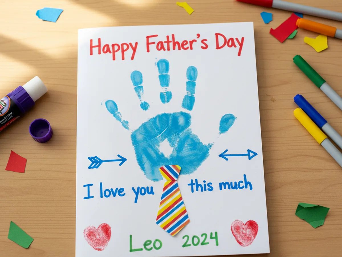 Finished Father's Day handprint craft card with a blue handprint, a striped paper tie at the wrist, fingerprint hearts, and a child's signature
