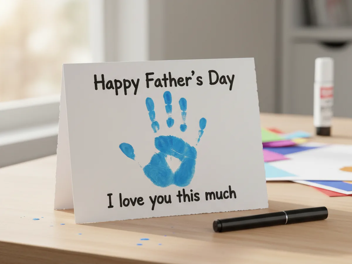 A blue handprint card with Happy Father's Day written above and I love you this much written below in marker