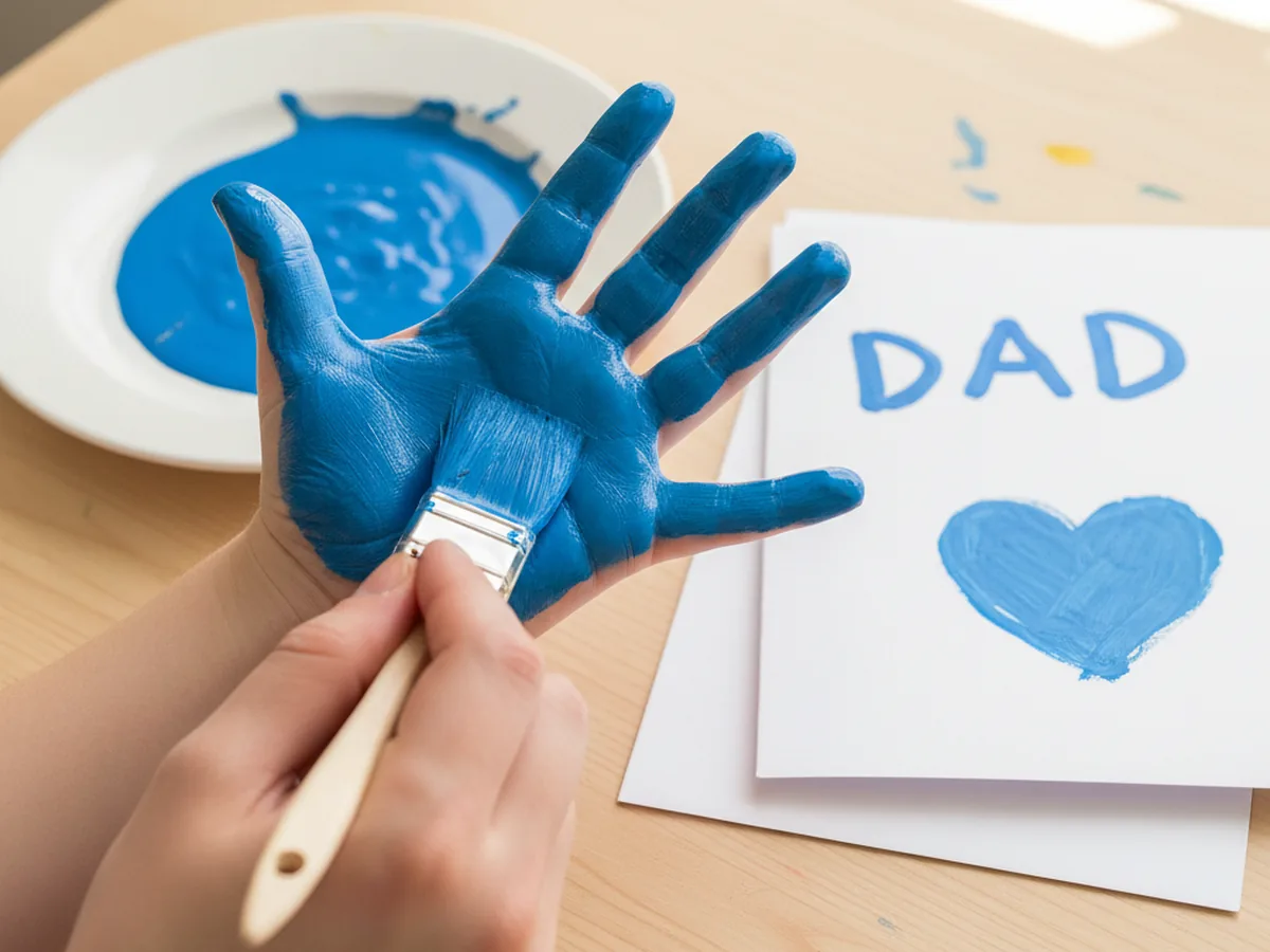 A foam brush spreading a thin layer of blue washable paint across a young child's open palm for a Father's Day handprint craft