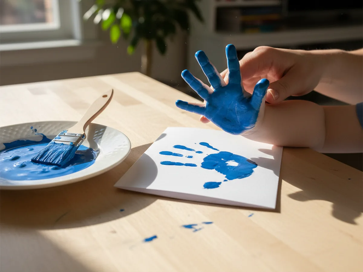 A child's painted hand pressing down on the front of a white folded card, leaving a clear blue handprint for a Father's Day card