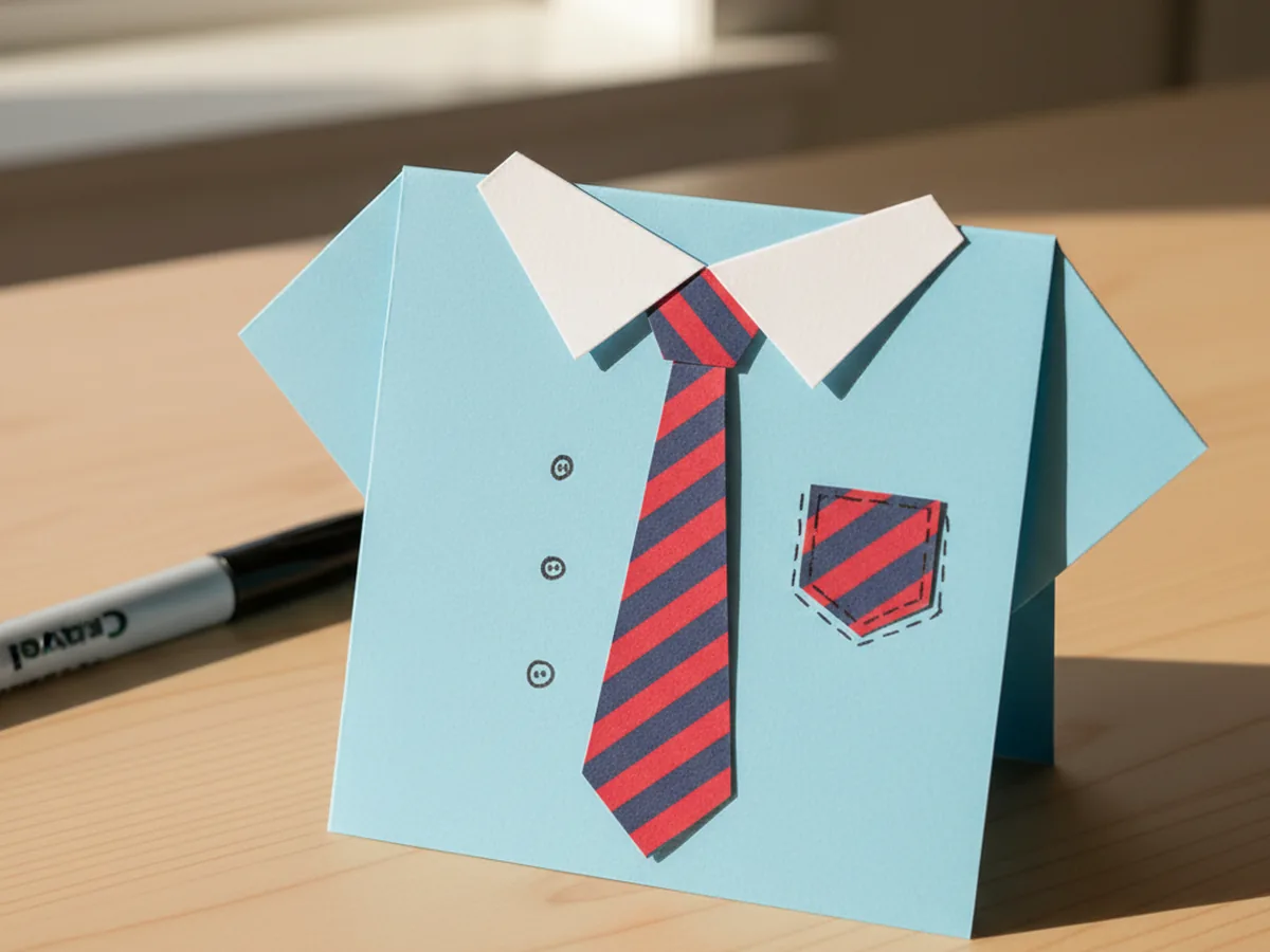 The completed dress shirt card detail showing three small black marker button dots running down the center below the patterned paper tie and a tiny square patterned paper pocket glued to the chest, all on the blue shirt body sitting on a light wood craft table