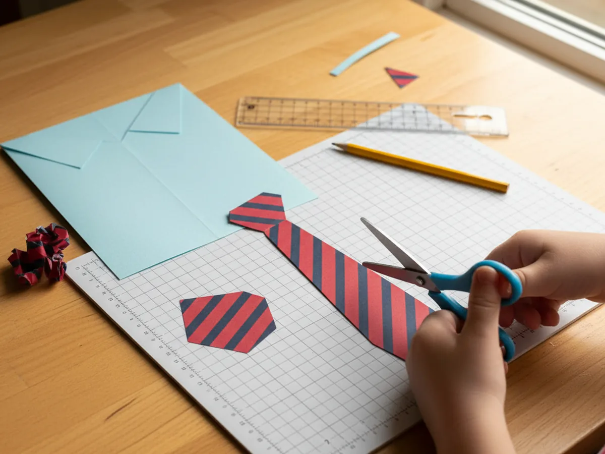 A small pair of kid scissors cutting a tall thin downward pointing tie shape from a piece of red striped patterned scrapbook paper, with a separately cut small trapezoid knot piece, all laid on a light wood craft table next to the blue shirt card
