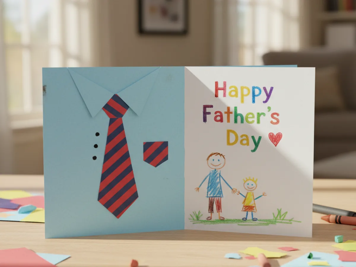 The completed Father's Day paper craft shirt and tie card standing open on a light wood craft table showing the inside with a child's hand drawn Happy Fathers Day message in bright marker colors a small heart and a stick figure drawing of Dad and the child holding hands
