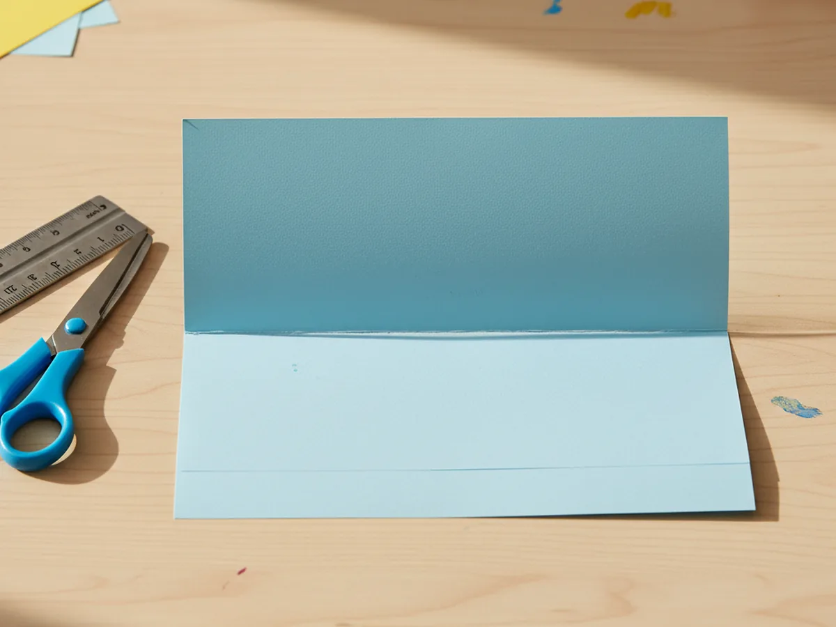 A sheet of light blue cardstock folded in half horizontally on a light wood craft table, with the open edge at the top and a sharp crease running along the bottom, forming the body of the dress shirt card for a Father's Day paper craft