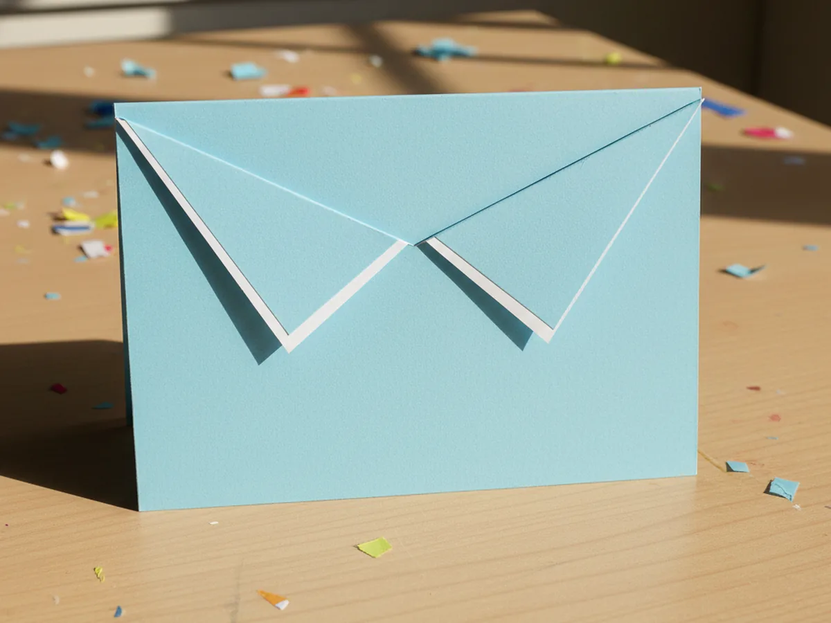 The folded light blue cardstock card with both top corners of the front panel folded down and inward to form two sharp triangular collar flaps that meet in the center with a clean V shaped opening between them, sitting on a light wood craft table