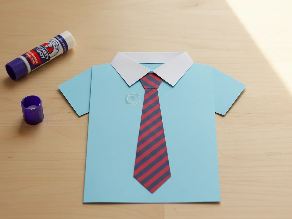 The blue shirt card on a light wood craft table with a red and blue striped patterned paper tie freshly glued in place under the V of the collar, the small trapezoid knot tucked neatly between the two collar flaps and the long thin tie body hanging straight down the center of the shirt