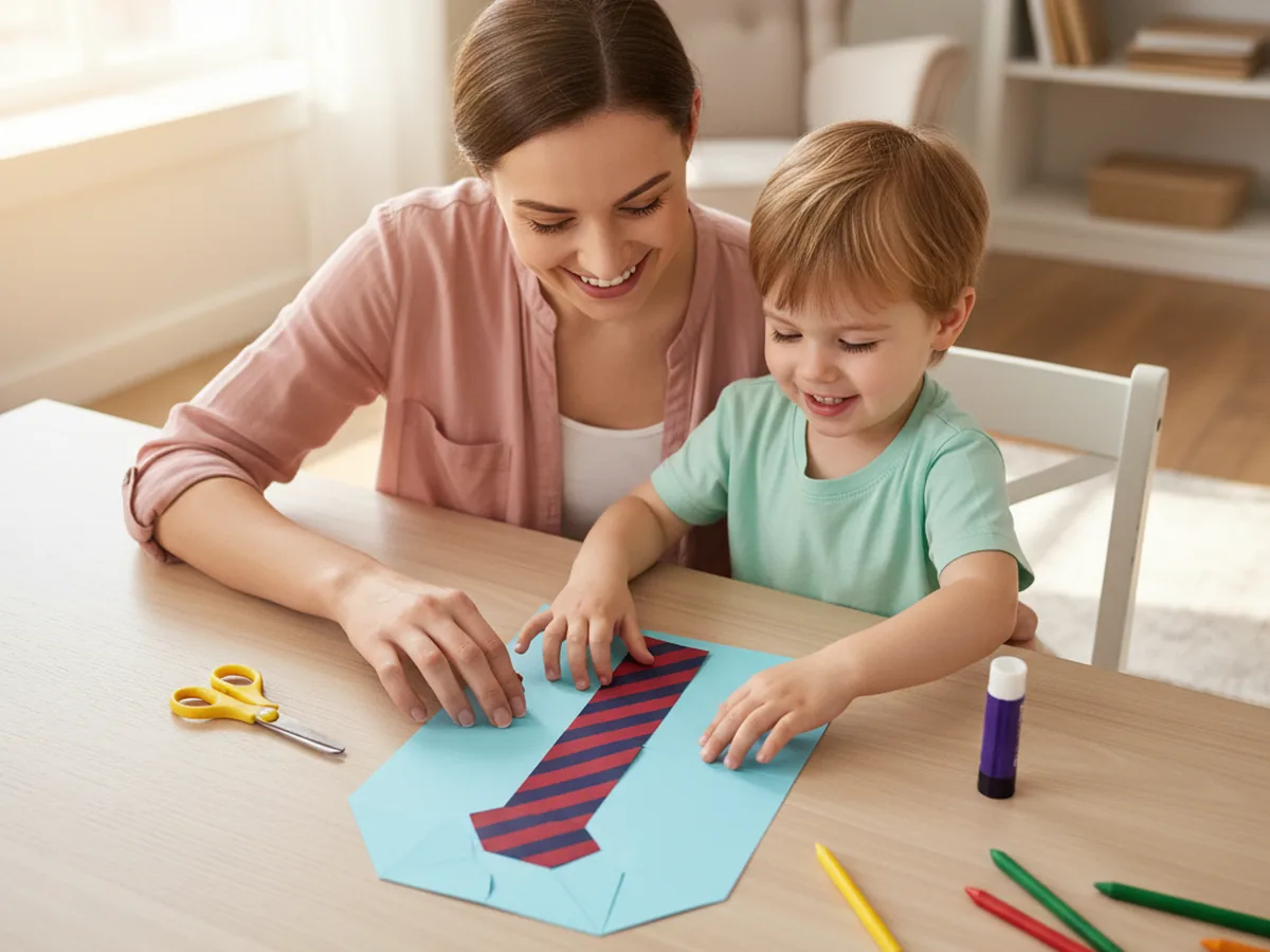 A mom and a young child sitting at a light wood craft table with a sheet of light blue cardstock, a strip of red striped patterned paper, kid scissors, a glue stick and markers, smiling as they start making a Father's Day shirt and tie paper craft together