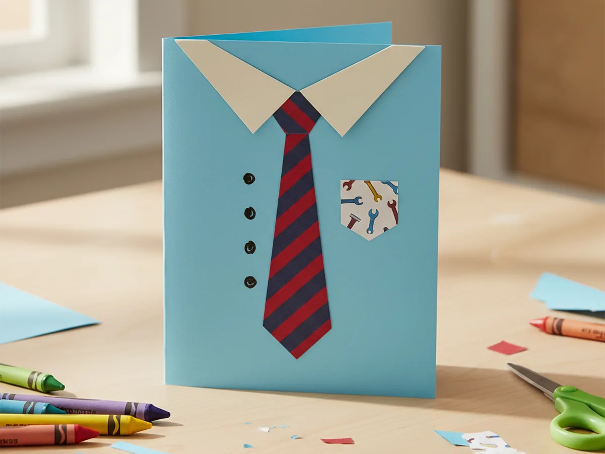A finished handmade Father's Day paper craft shaped like a folded light blue dress shirt card with a pointed white collar, a tall red and blue striped patterned paper tie tucked under the collar, three small black marker button dots down the center, and a tiny pocket detail, propped open on a light wood craft table next to crayons and paper scraps
