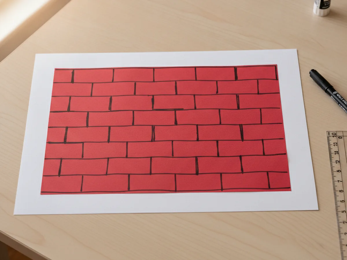 A red construction paper rectangle glued onto white cardstock with brick lines drawn across it in marker