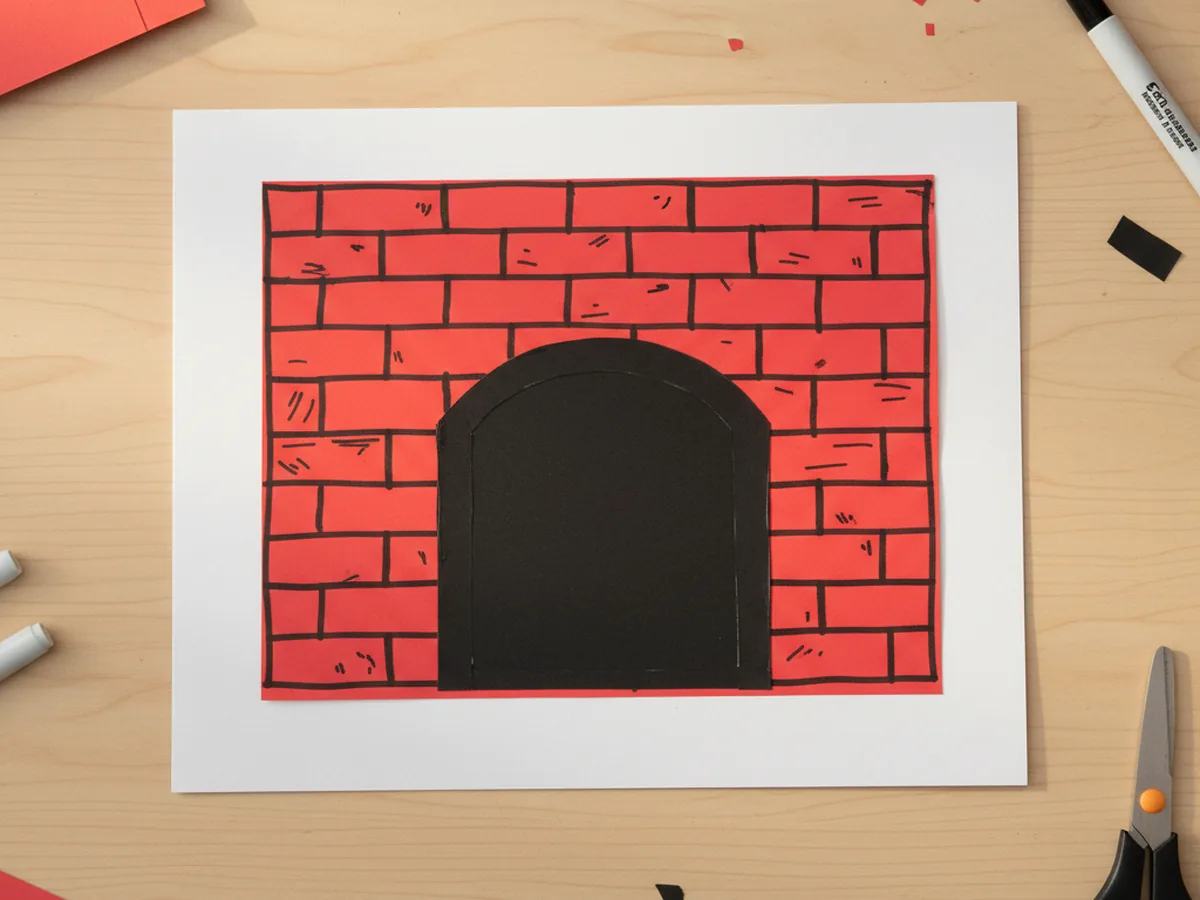 A black paper rectangle with a rounded top glued onto the center of the red brick paper fireplace front