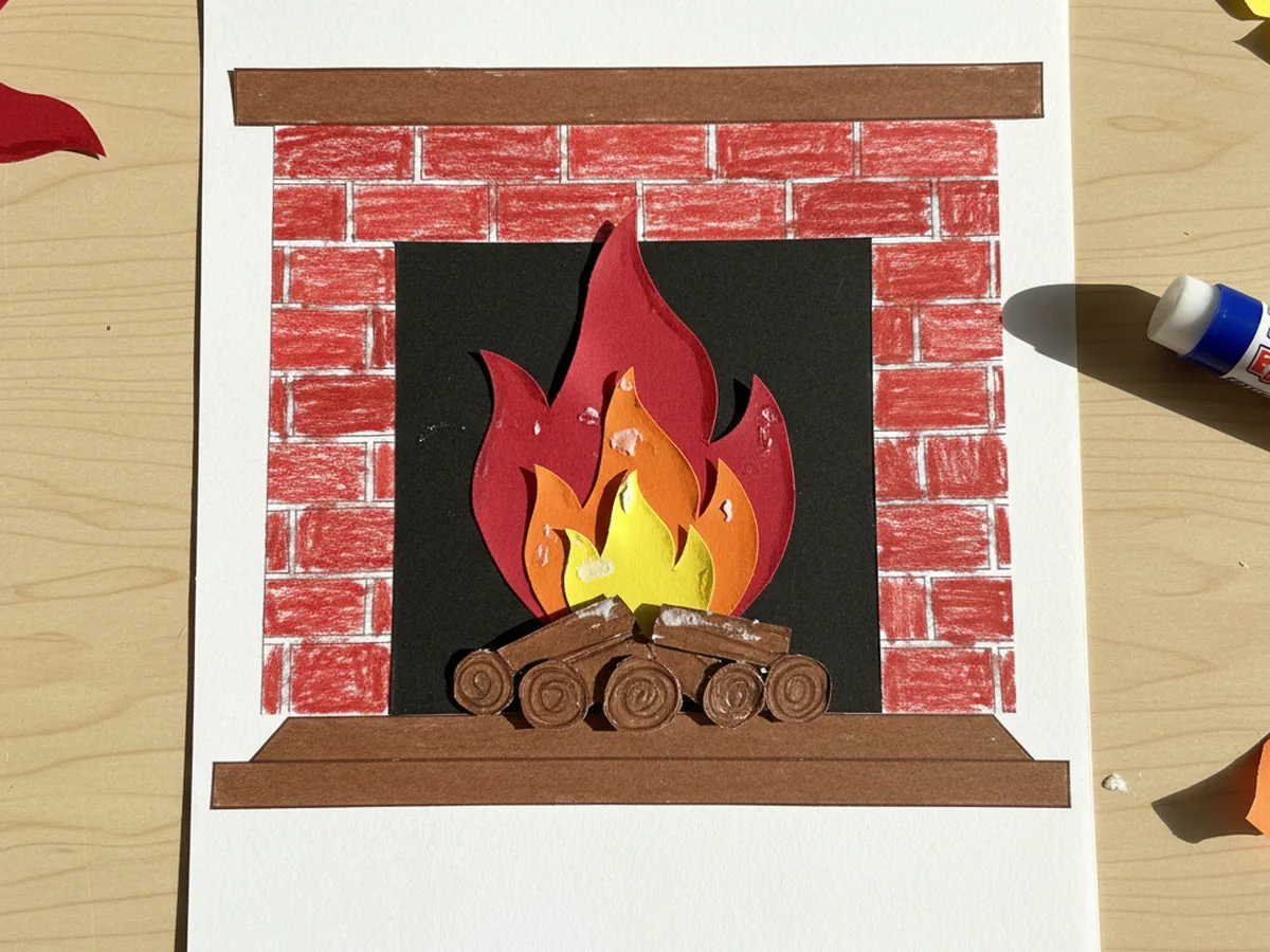 Layered red, orange, and yellow paper flames glued rising up from the brown logs inside the paper fireplace