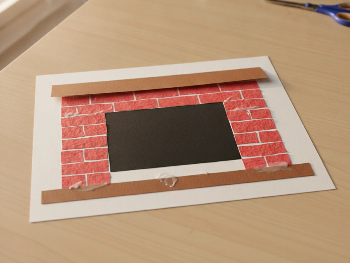 A brown paper mantel shelf glued across the top of the brick paper fireplace and a thin brown strip added along the bottom for the hearth