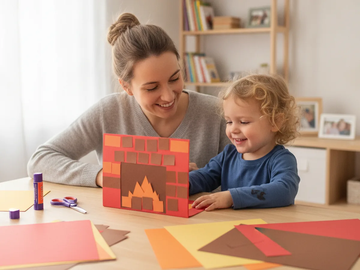 A mom and young child sitting at a craft table with red and brown paper getting ready to make a paper fireplace craft together