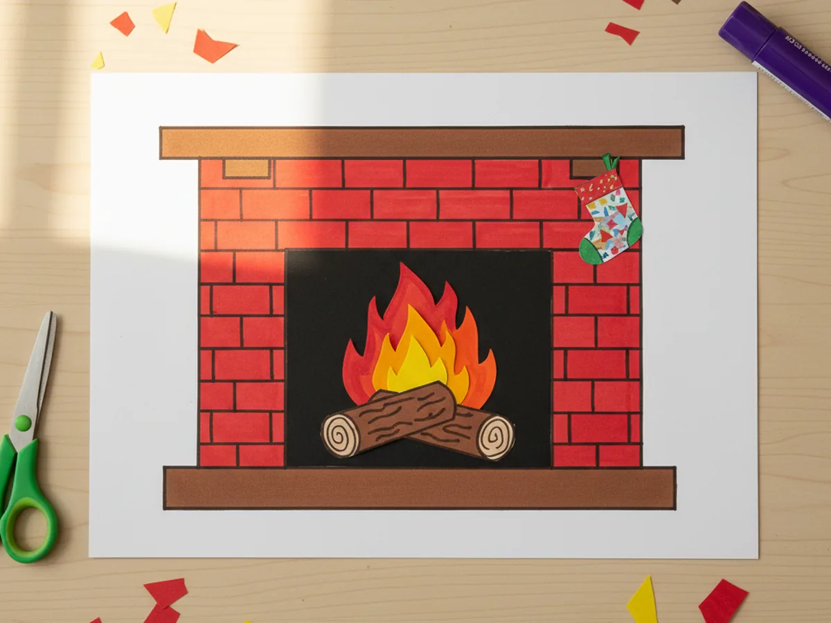 Finished fireplace craft paper project with a red brick paper fireplace, brown paper logs, and orange and yellow paper flames on a white background