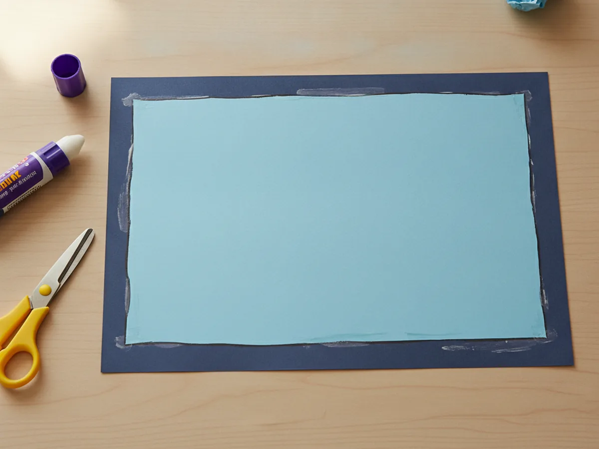 A light blue cardstock rectangle glued onto a dark blue paper sheet to make the water background of a fish tank paper craft