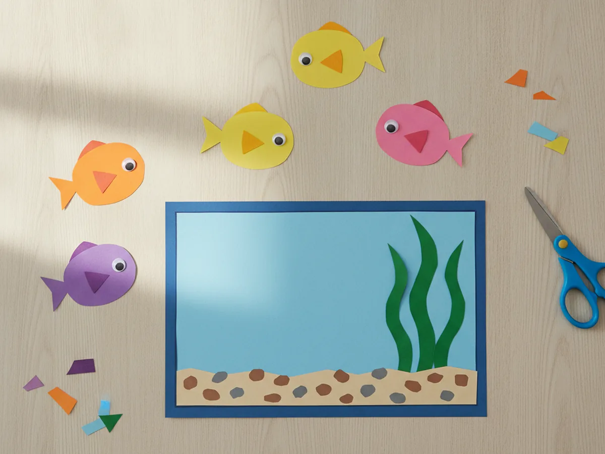Four bright paper fish in orange, yellow, pink, and purple with googly eyes cut and ready next to the blue paper tank