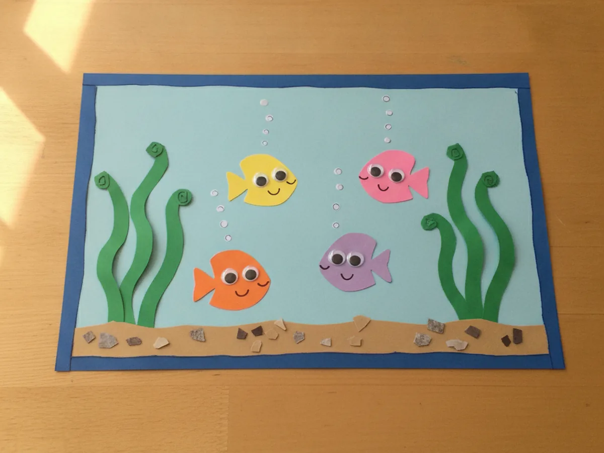 Finished fish tank paper craft with colorful fish, green seaweed, sand, pebbles, and rising bubbles inside the blue paper aquarium