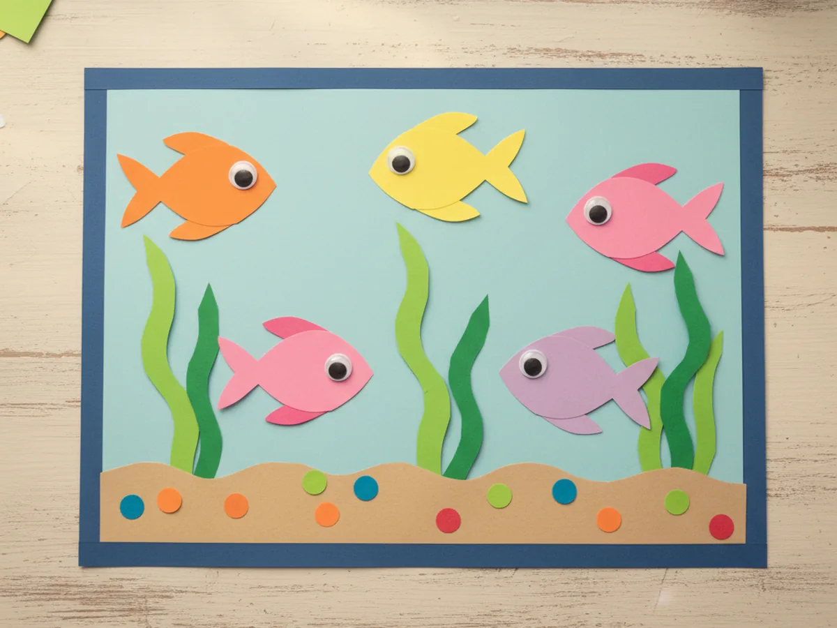 Colorful paper fish glued swimming among the green seaweed inside the blue paper fish tank