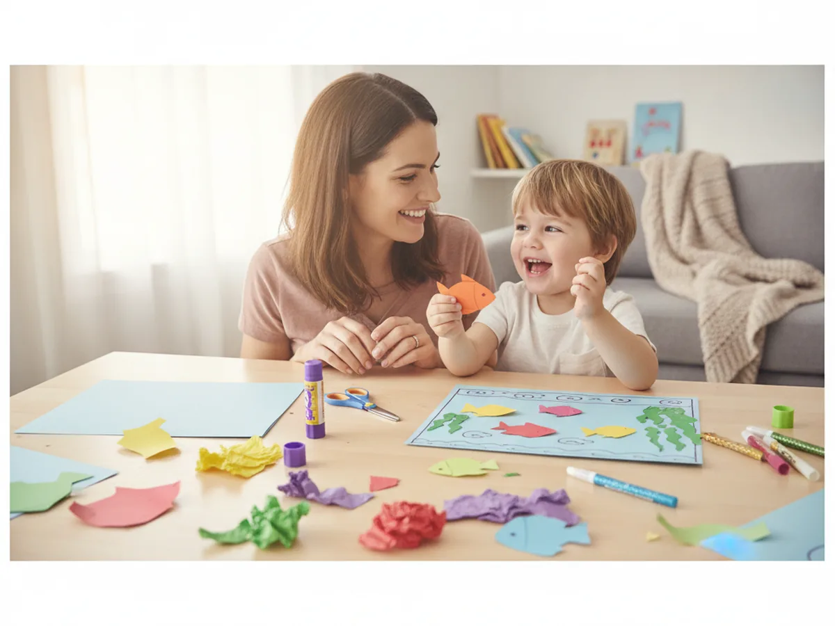 A mom and young child sitting at a craft table with blue paper and colorful paper fish getting ready to make a fish tank paper craft