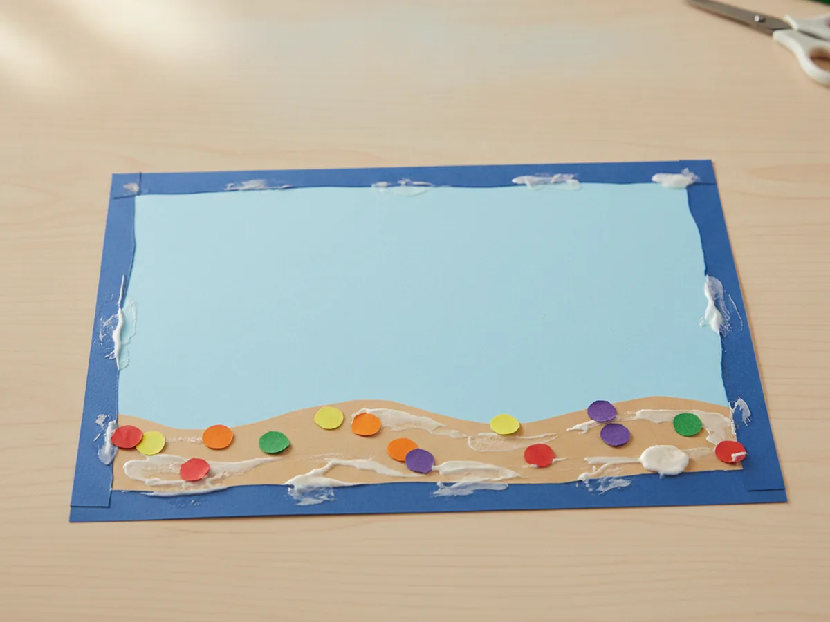 A tan wavy paper sand strip with small colored pebbles glued along the bottom of the blue paper fish tank