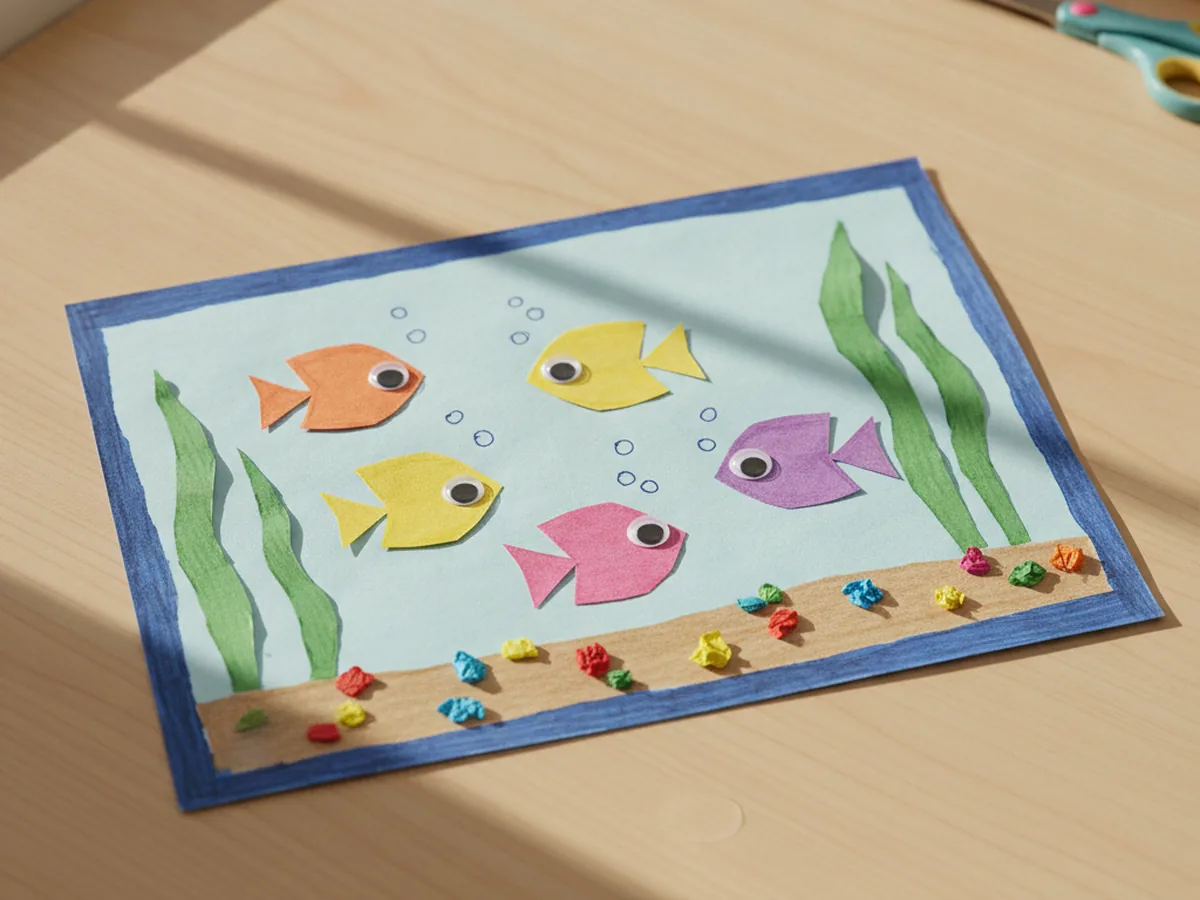 Finished fish tank paper craft with colorful paper fish, green seaweed, sand, and bubbles inside a blue paper aquarium on a light wood table