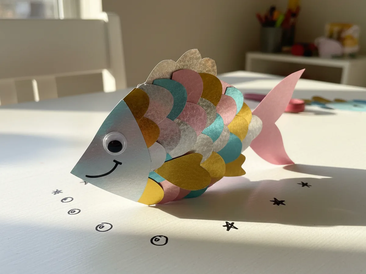 A finished sparkly foil paper craft fish with metallic scales, a googly eye, a drawn smile, and tiny marker bubbles drawn around it