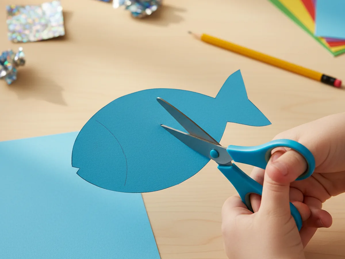 A child's hands cutting a simple oval fish body shape from blue cardstock for a foil paper craft