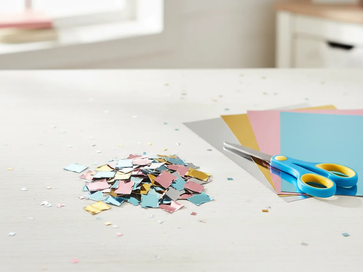 Small one-inch squares of silver, gold, pink, and blue metallic foil paper freshly cut and arranged in a colorful pile for foil paper craft scales