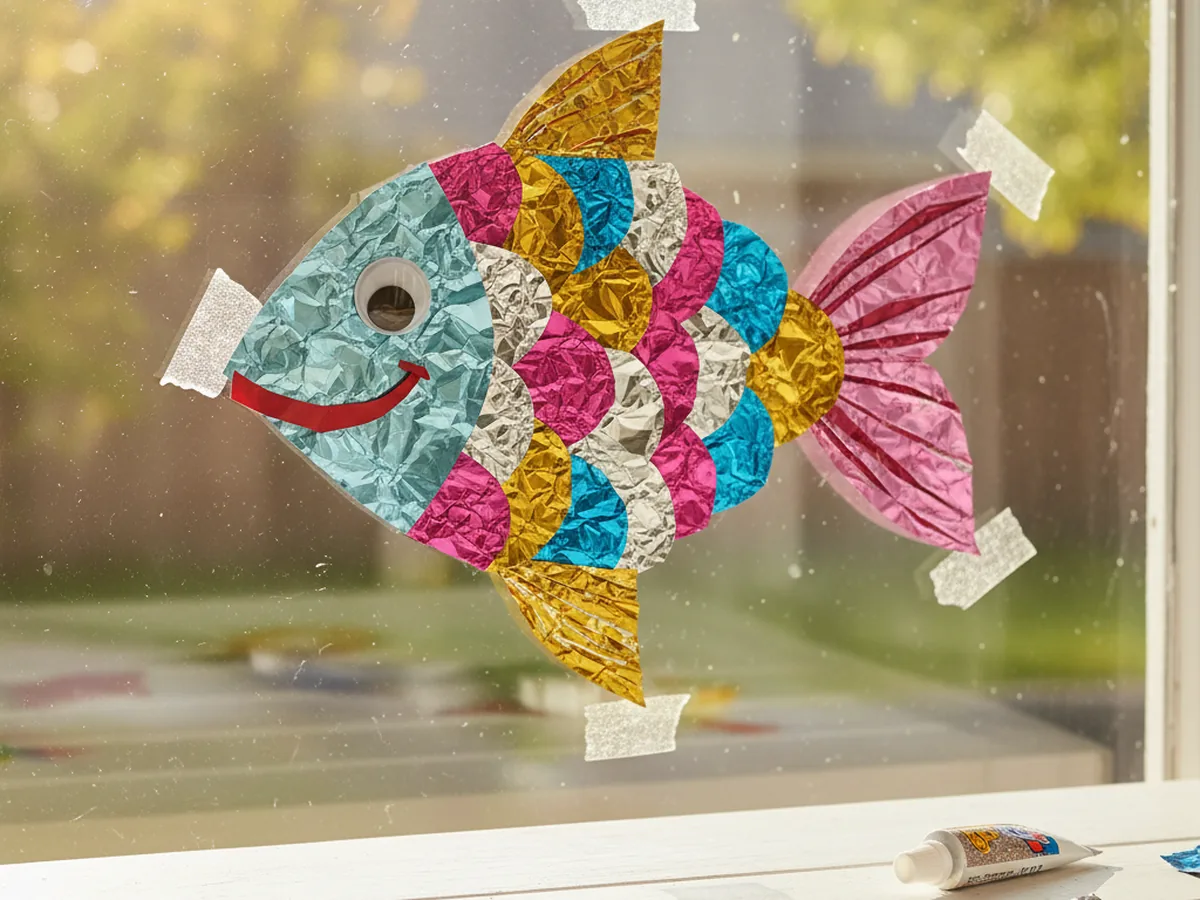 A finished sparkly foil paper craft fish taped to a sunny window with shimmering metallic scales catching the afternoon light