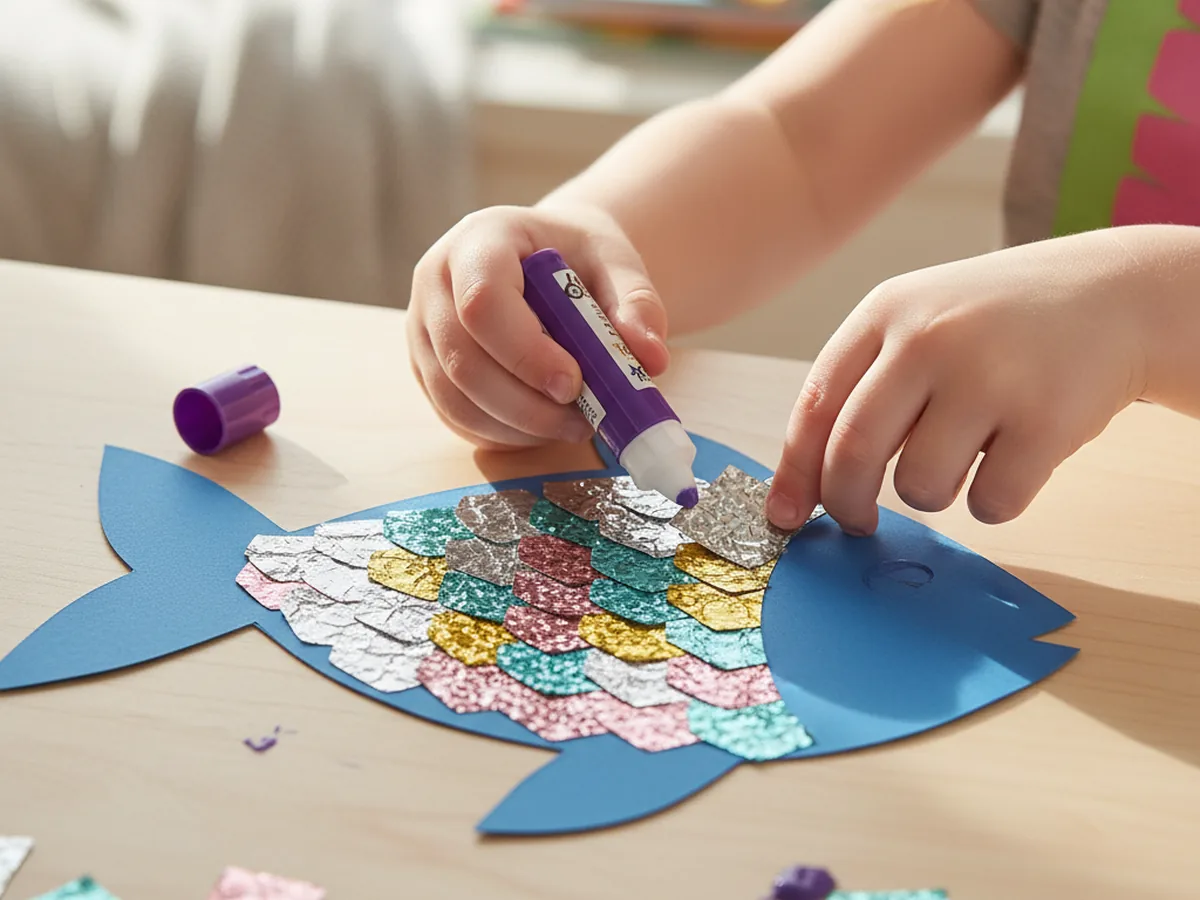 A child gluing overlapping silver, gold, and pink foil paper squares onto a blue paper fish body to make sparkly fish scales