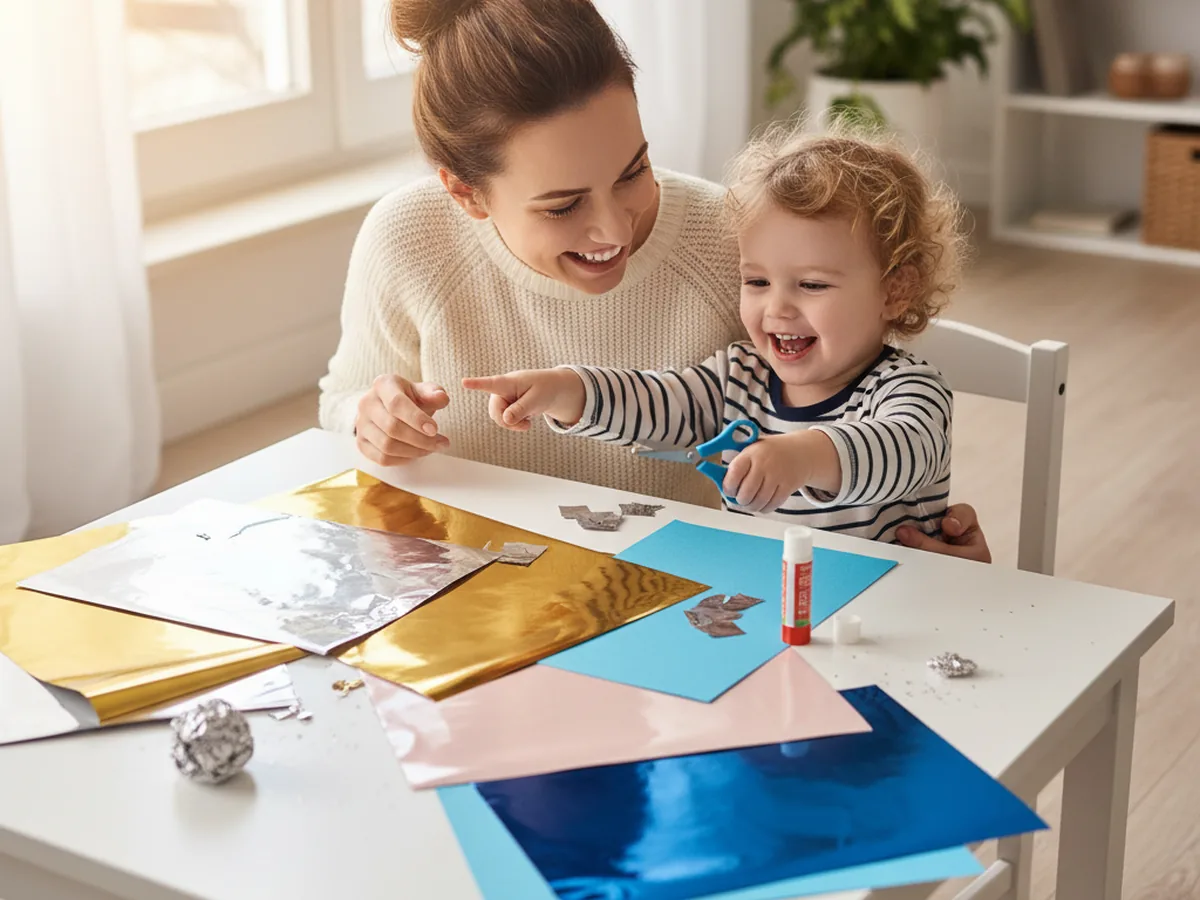 A mom and young child sitting at a craft table with metallic foil paper sheets and blue cardstock ready to start a foil paper craft