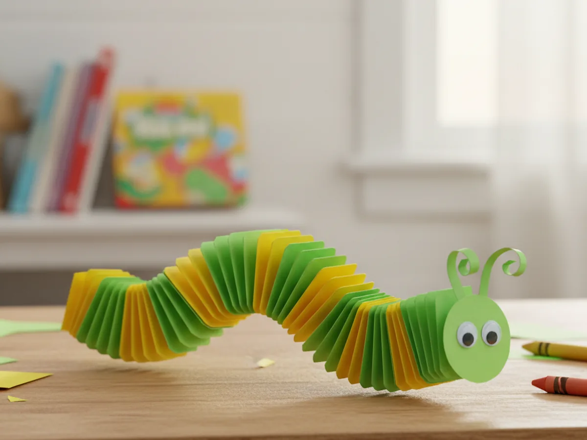 A handmade accordion-fold paper caterpillar in green and yellow with googly eyes on a craft table