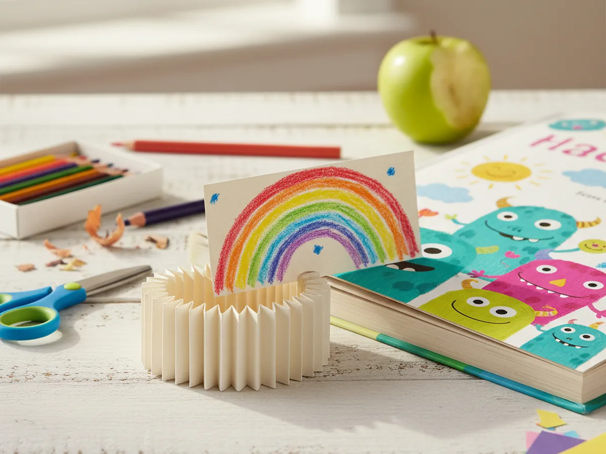 A handmade accordion-fold paper bookmark decorated with a rainbow design sitting on a book