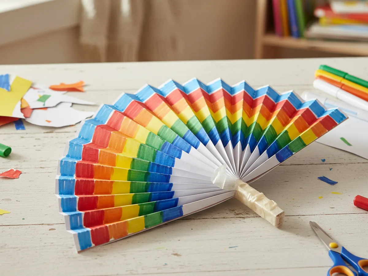 A handmade accordion-folded paper fan in rainbow colors held open on a craft table