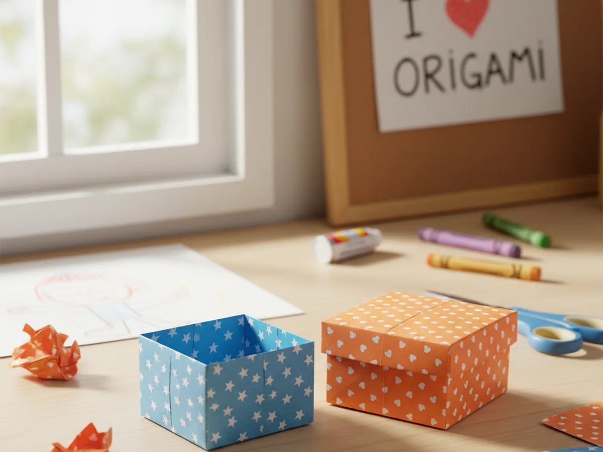 Two handmade folded origami paper boxes in blue and orange paper sitting on a craft table