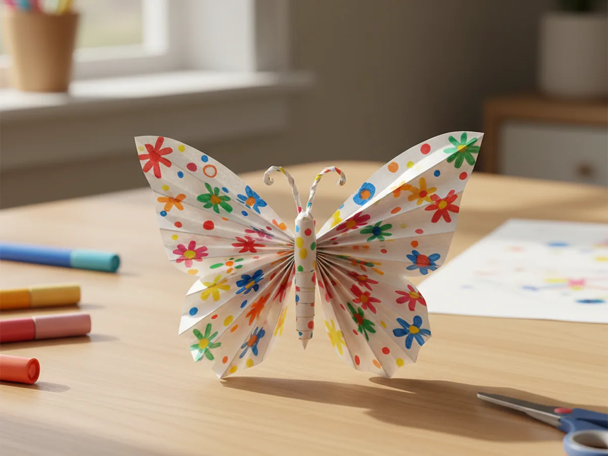 A handmade accordion-fold paper butterfly with colorful marker patterns on the wings