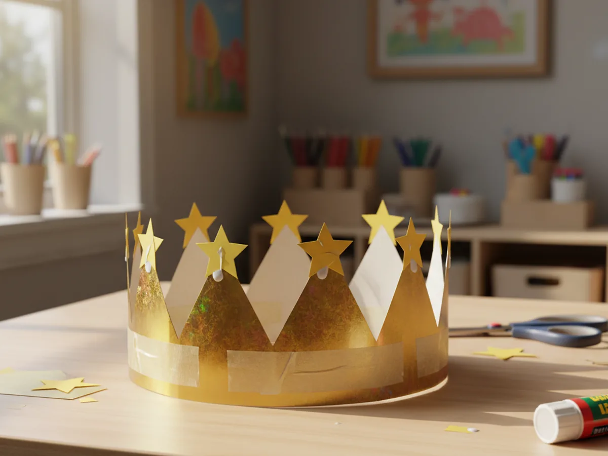 A handmade folded paper crown made from gold cardstock with star decorations on each peak