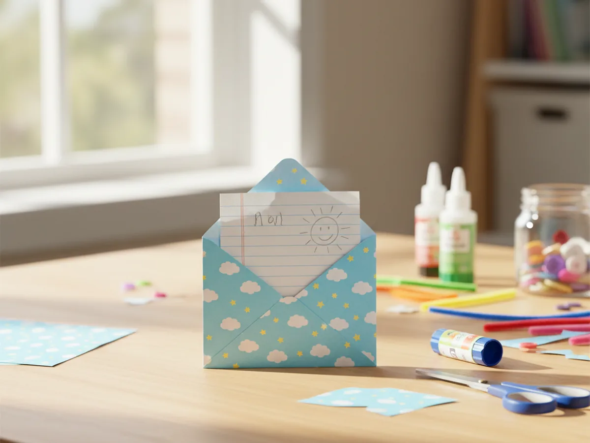 A small folded paper envelope made from patterned paper with a handwritten note tucked inside