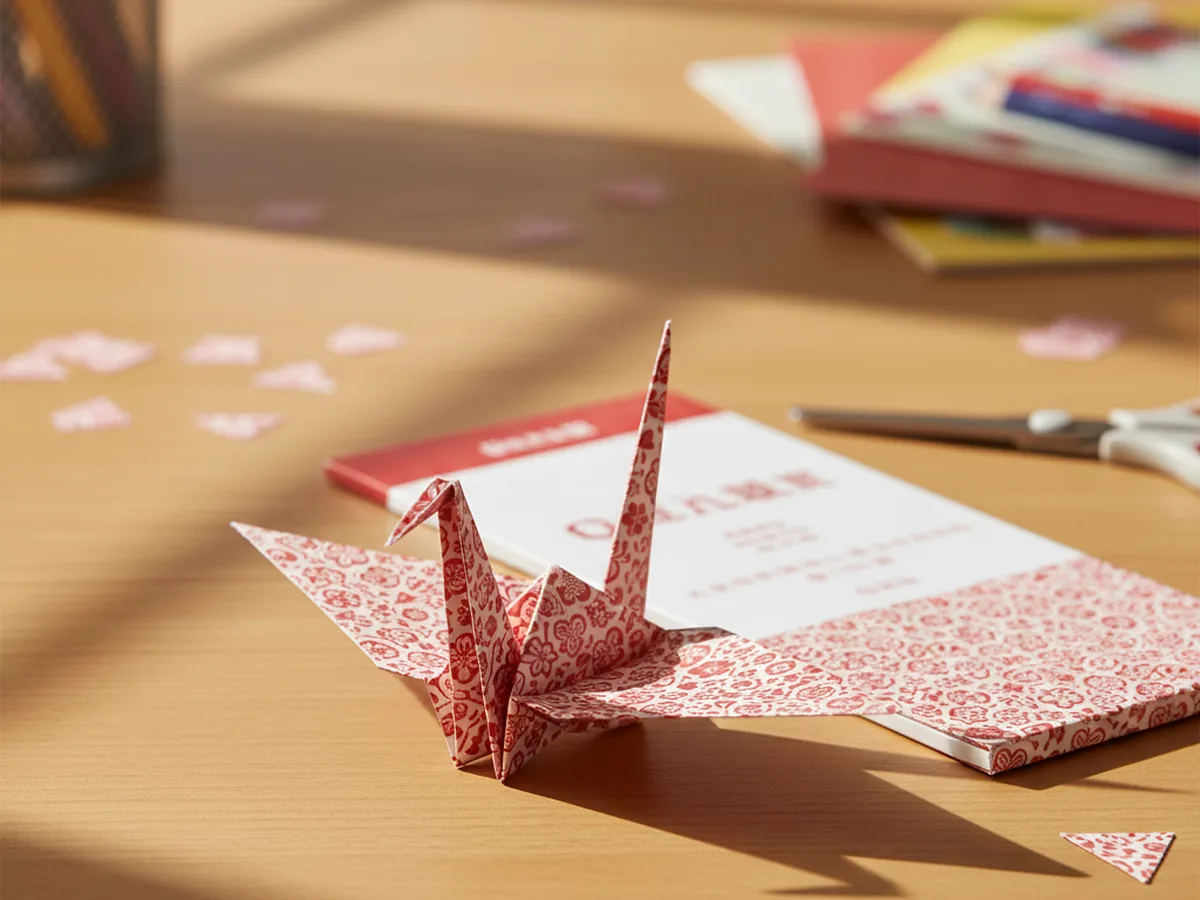 A handmade origami crane folded from red and white patterned paper on a craft table