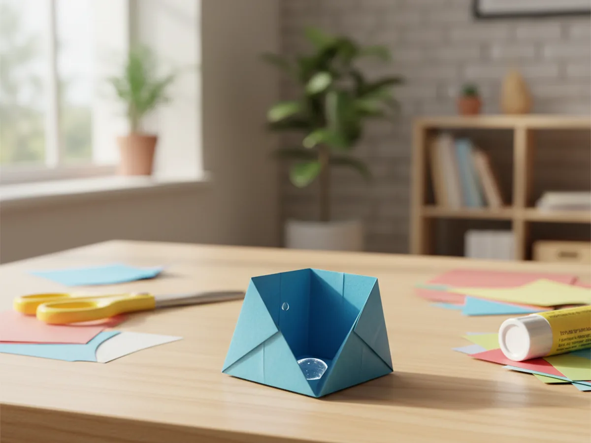 A small origami paper cup folded from blue paper sitting on a craft table