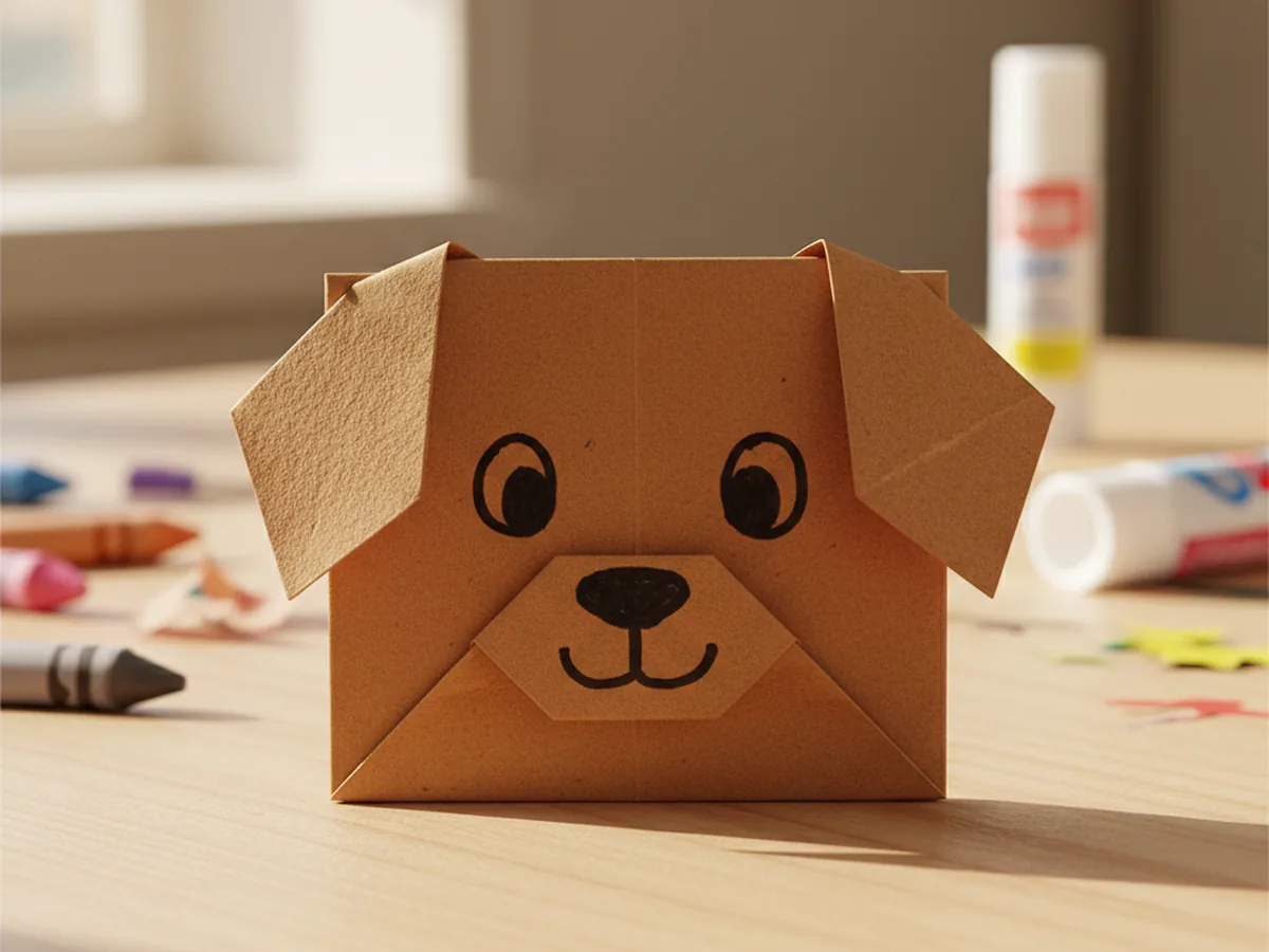 A cute handmade origami dog face folded from brown paper with drawn-on eyes and a smile