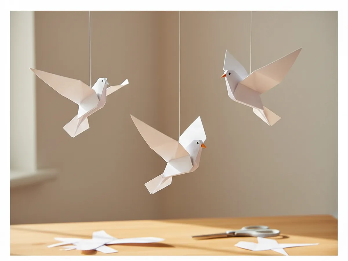Three handmade white origami doves in different sizes hung on strings against a light background