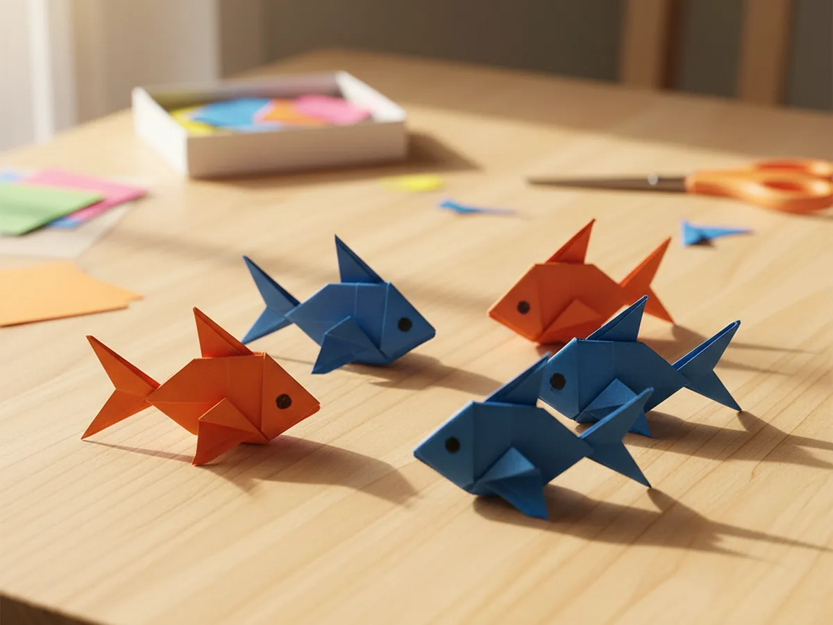 Several small handmade origami fish in orange and blue paper arranged on a light wood surface