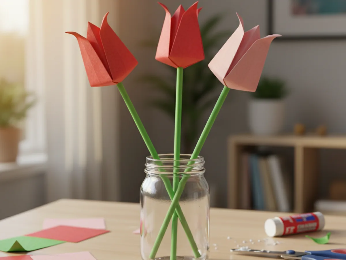 Three handmade origami tulips in red and pink paper with green paper stems in a small vase