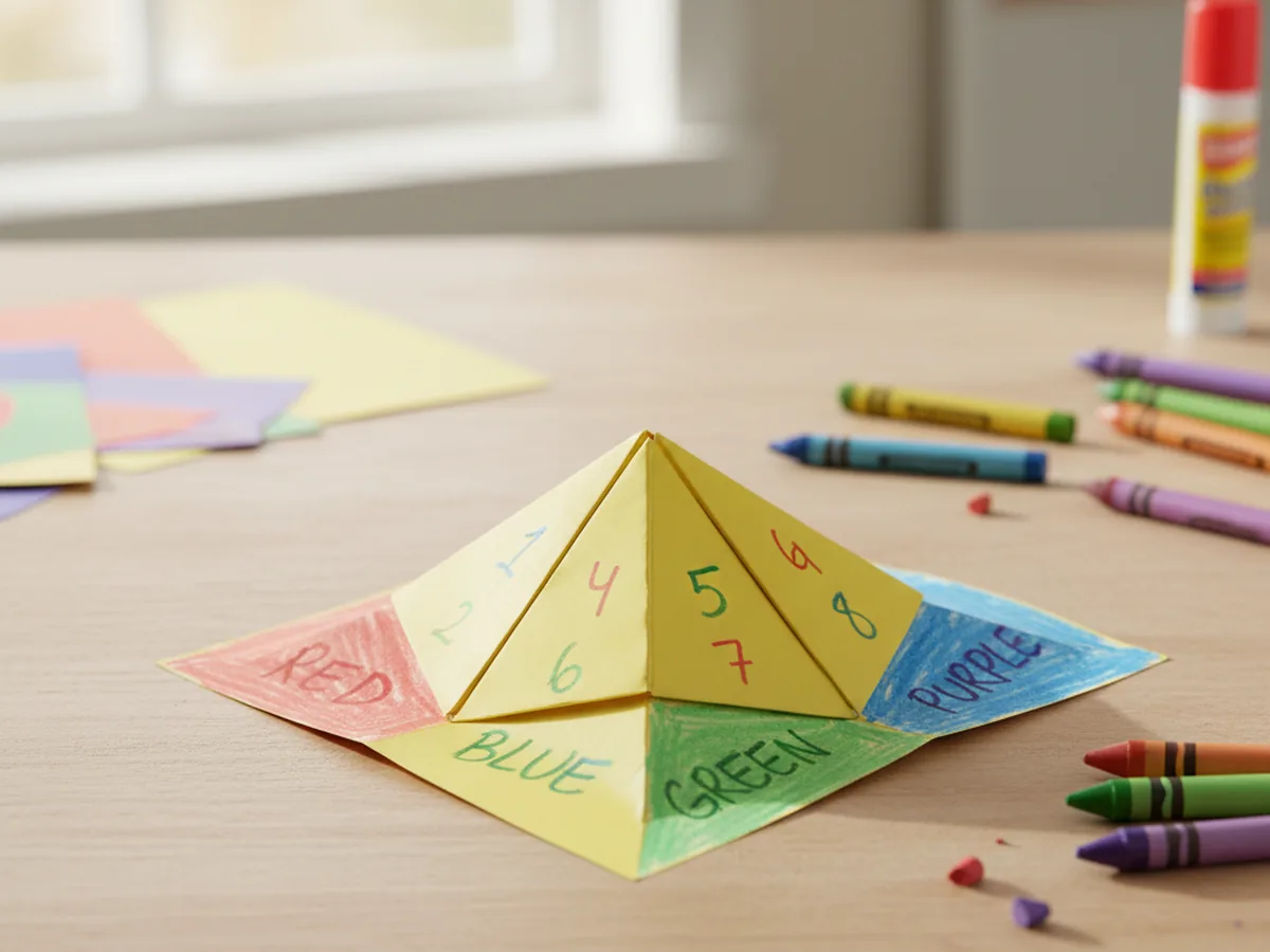 A colorful handmade paper fortune teller with numbers and colors written on the outside flaps