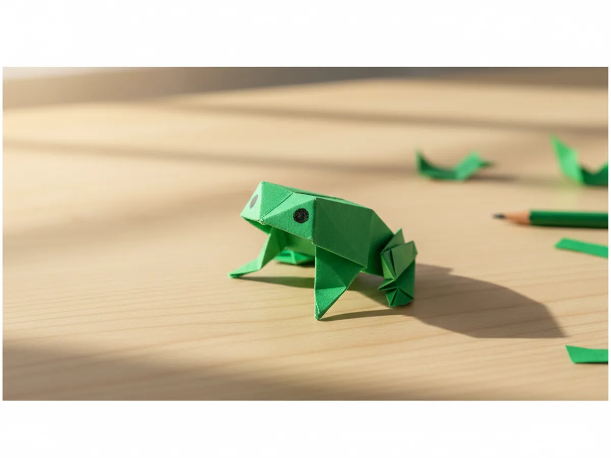 A small handmade paper jumping frog folded from green cardstock on a wooden table