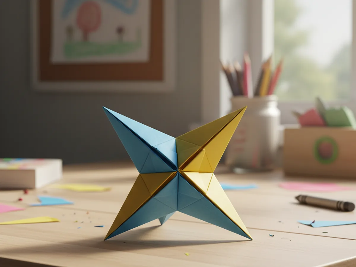 A handmade paper ninja star folded from blue and yellow origami paper on a light craft table