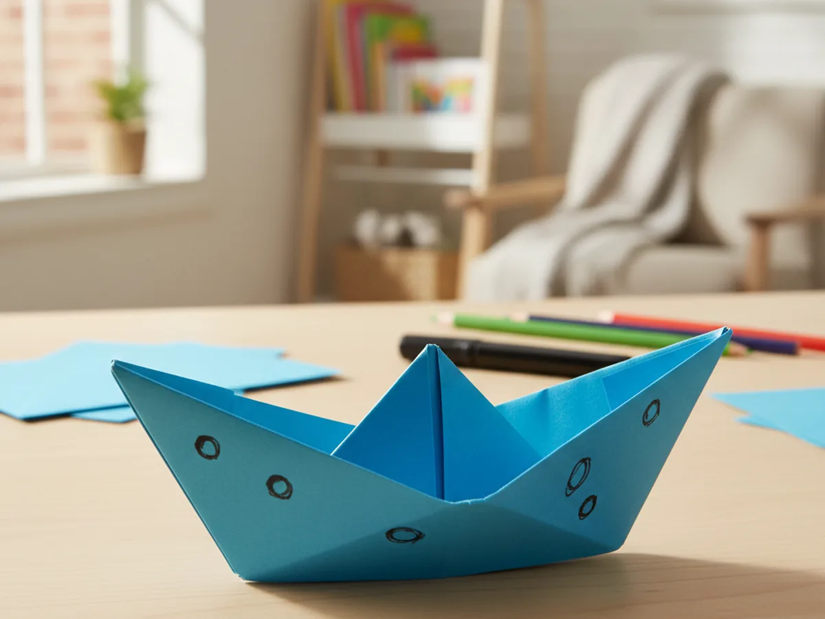 A handmade origami paper boat folded from blue paper sitting on a craft table